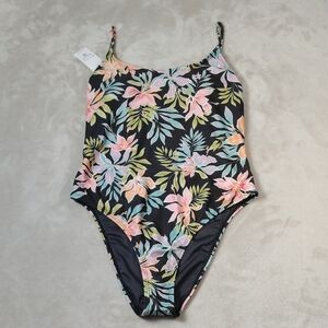 Billabong Black and Pink Floral One Piece Swimsuit NWT